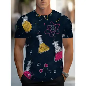 Men's Full-Body Science Print 3D T-Shirt - Soft Polyester Fabric, Navy Blue with Molecular/Atomic/Element Patterns - Casual & -Casual Wear for Home, Office, Science Events - Machine Washable Round Neck Tee