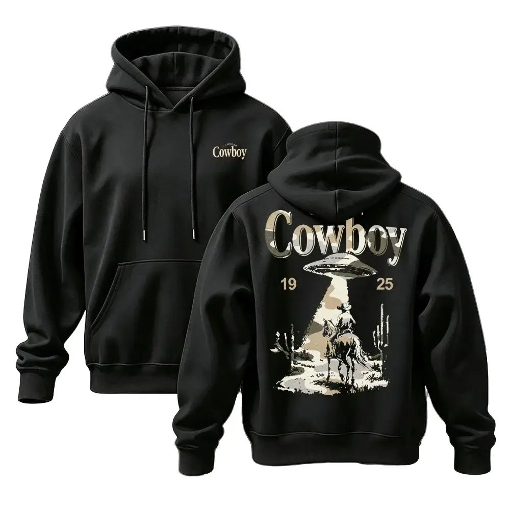 Alien UFO Cowboy Graphic Hoodie |   Retro Aesthetic Streetwear for Men & Women |   Vintage Western Desert Graphic Hooded Sweatshirt |   Aesthetic Top Unisex