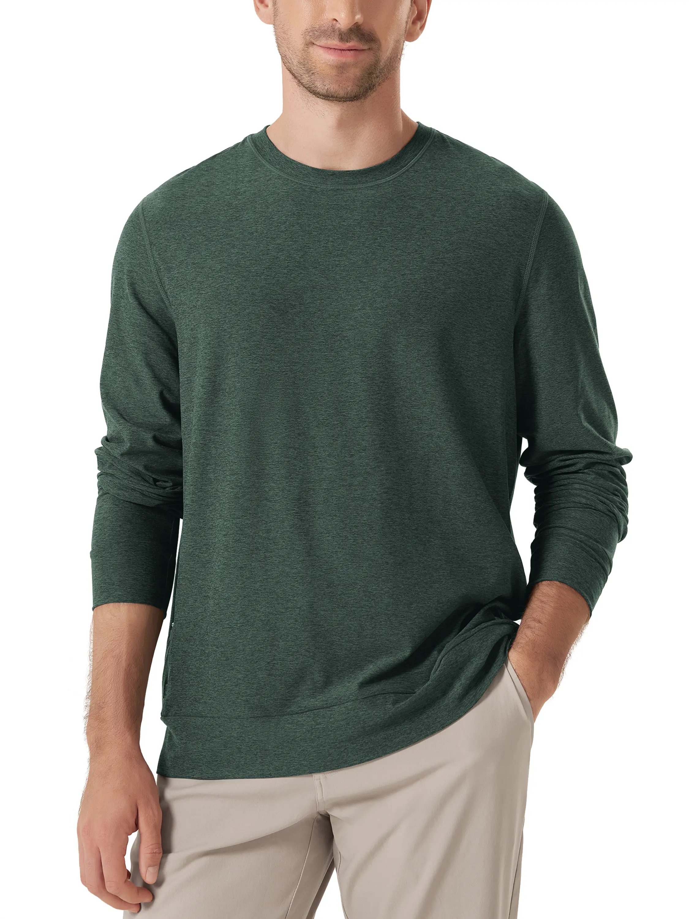 ODODOS Men's Round Neck Long Sleeve Performance Crew T-Shirt - Ultra Soft odSTRATUM Tech Tee, UPF 50+ Pullover Top with Side Zipper Pocket, Sporty Style for Joggers & Jeans Pairing, Tshirt, Sweat, Plain, Classic, Fabric, Jersey