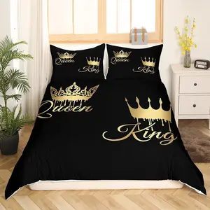 Queen and King Duvet Cover,Crown Pattern Modern Bedroom Decor Quilt Cover,Gold Grey Black Bedspread Cover,Zipper,No Comforter