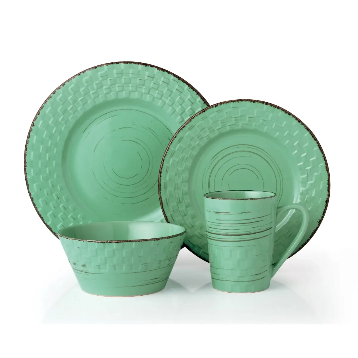16 Piece Distressed Weave Dinnerware Set, Green