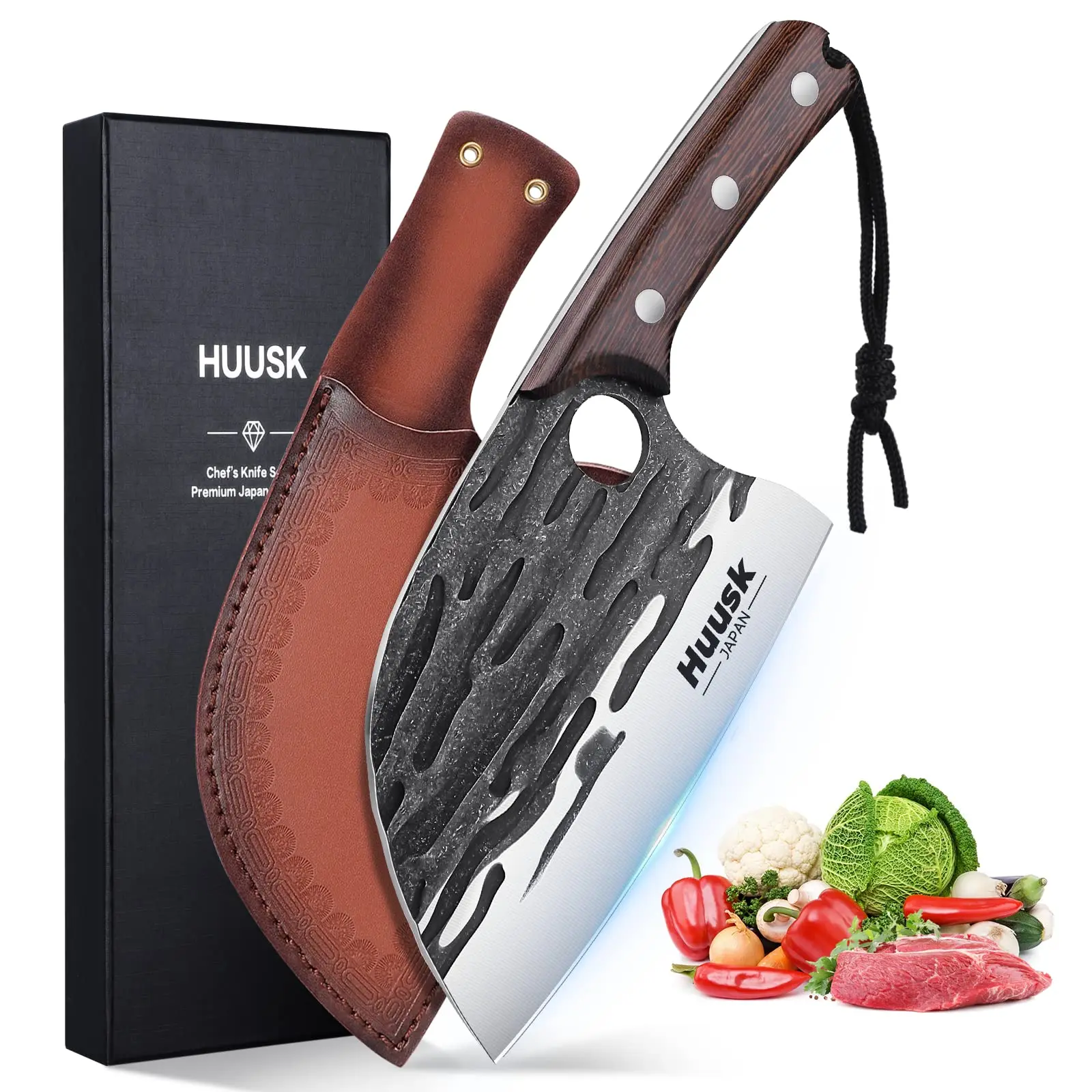 Huusk Upgraded Serbian Chef Knife Bundle Small Meat Cleaver Knife with Leather Sheath and Gift Box Blade Knives Steel steak knife with wooden handle– Perfect Father's Day  Gift/Christmas Gift!