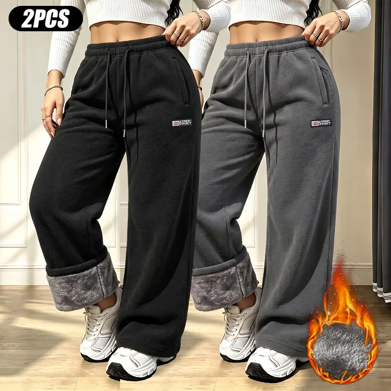 Women's 2-Pack Winter Thermal Wide Leg Sweatpants - Elastic Drawstring Waist, Decorative Logo Patch, Convenient Side Pockets, Soft Fleece Lining, Comfortable Loose Casual Lady Bottoms for Everyday Style