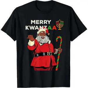 Merry Kwanzaa Santa Black Christmas African American T-Shirt, 100% Cotton, Single Side Printed, Black Short Sleeve T-shirt, 1 pc, Christmas Halloween Thanksgiving Gift