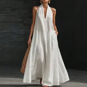 2026 Womens Halter Neck Maxi Dress Backless Sleeveless Casual Loose Fit Flowy Sundress for Summer Beach Vacation