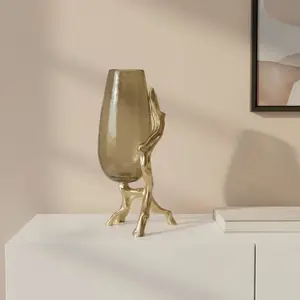 360 Stand 18 in. Champagne Glass-and-Metal Modern Decorative Flower Vase, 360-Degree Rotatable Home Decor Piece for Tree or Floral Arrangements, Ideal Gifting Option