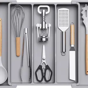 Utensil Organizer for Kitchen Draweutlery Silverware Flatware Holder, Plastic Kitchen Spatula Tools and Gadgets Storage Divider, Large, Gray