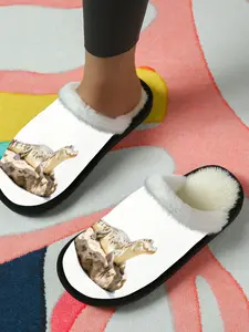 Dinosaur Fossil Print Cotton Slippers, Vintage Science Style, Plush Lined Anti-Slip Thick Sole, Home Use Men Women Fall Winter Warm Shoes