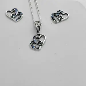 Brand New Sterling Silver 925 Blue Double HEARTS Earrings and Necklace set