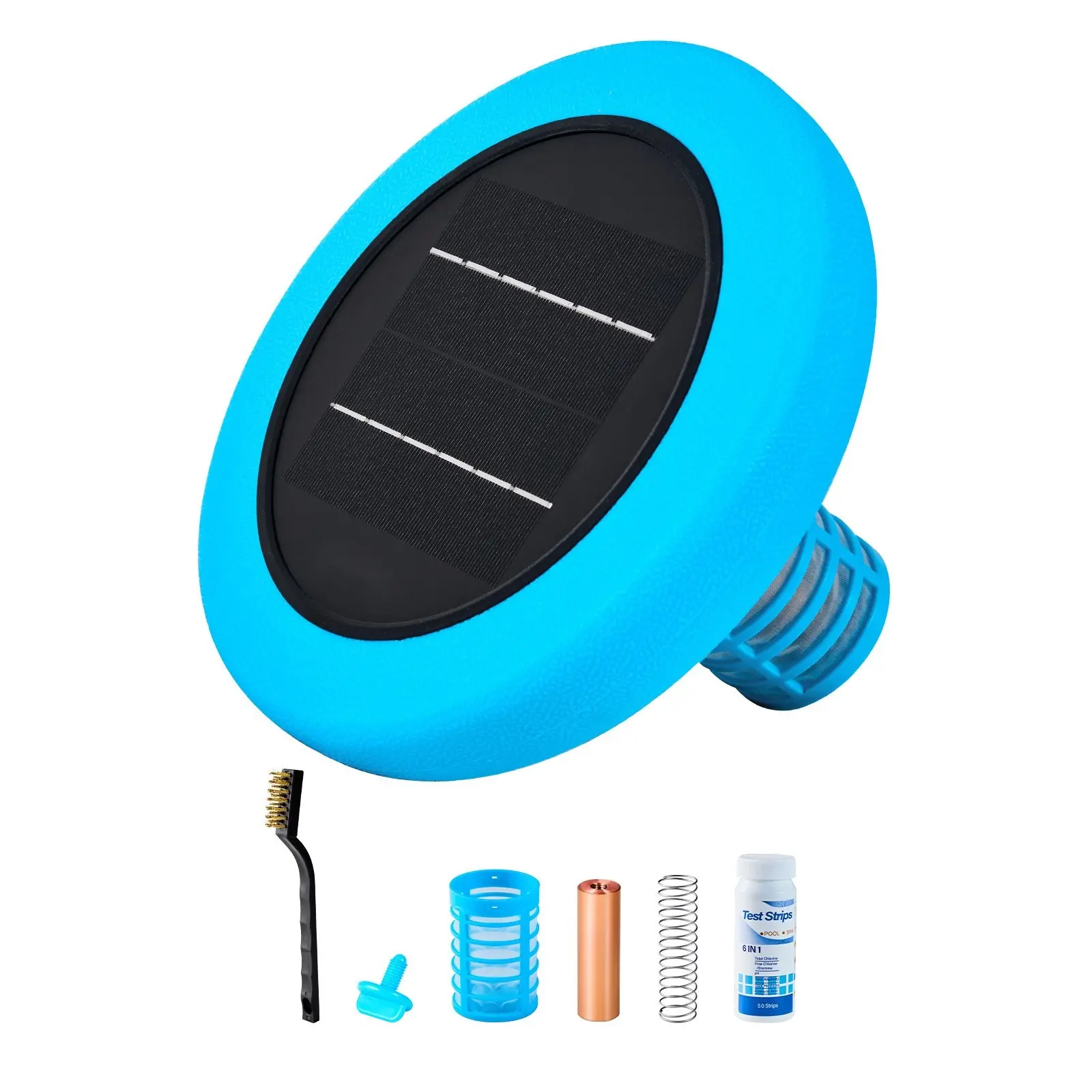 Solar Powered Pool Ionizer System, Round Copper Ionizer Up To 45000 Gallons, Floating Automatic Water Cleaner And Purifier For Chlorine Free Water With Copper Anode, Spring, Brush And Filter For Pools And Spas
