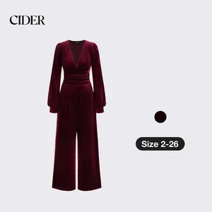 Cider [size 2-26] Velvet V-neck Solid Ruched Pocket Wide Leg Jumpsuit