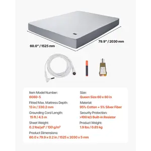 VEVOR Grounding Sheets, Queen Size, 95 Cotton+ 5 Pure Silver Fiber, Earth Grounded Fitted Bed Sheets, with Grounding Cord Tester, for Improved Sleep Wellness (Gray, Queen - 60x 80x 13 in)