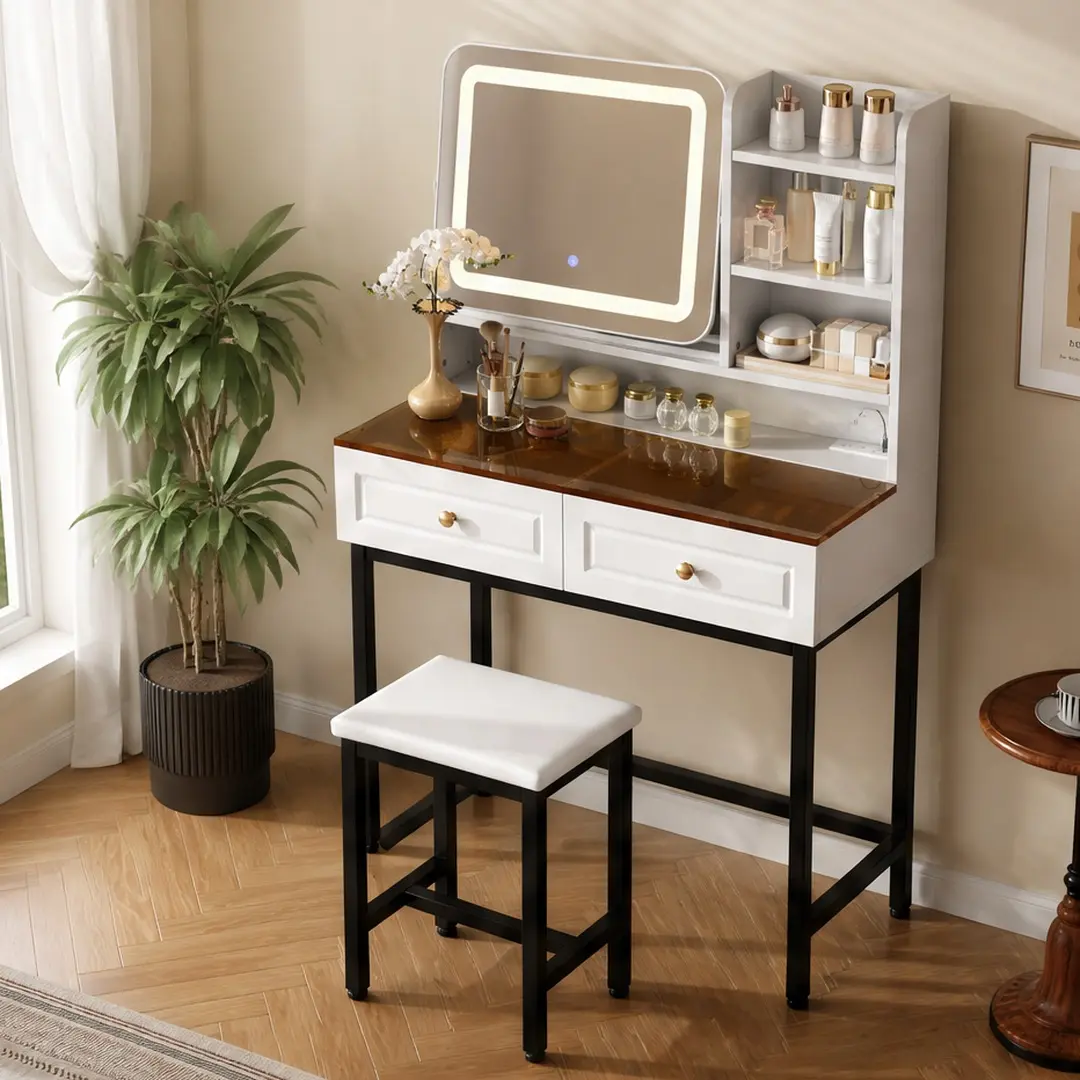 ARCH Rotating Makeup Vanity (360° Rotatable LED Lighted Mirror) - Dressing Table with 2 Drawers, Power Outlet, 3-Tier Shelves, Amber Tempered Glass Top, Sturdy Metal Legs, PU Leather Stool, White/Black Options for Bedroom, Rotating Makeup Vanities, Vanity