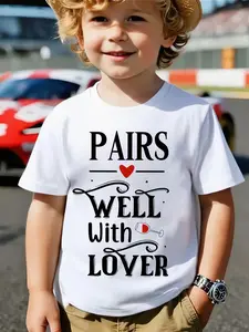 Boys Valentine's Day Family Racing Track T-Shirt, Cool Slogan & Heart Wine Glass Print, Trendy for Sweetheart Boys