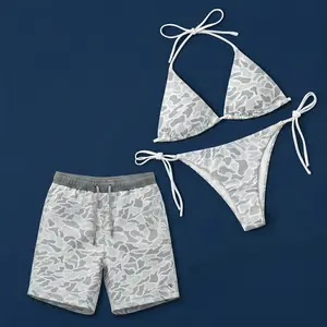 Grey Camo Matching Couples Swimwear Set For Couples - Women's Swim Bra & Tie-Side Thong Bikini, Men's Beach Shorts, Summer Vacation Hawaiian Swimwear