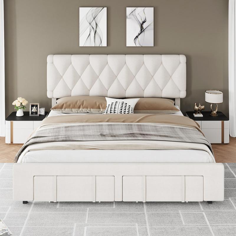 Full Size Bed Frame, Upholstered Platform Bed Frame with Storage Drawers, Mattress Foundation with Solid Wooden Slats Support, No Box Spring Needed, Beige