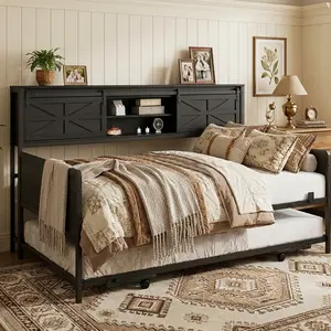Twin Farmhouse Daybed with Pop-Up Trundle, Metal Bed Frame, Bookcase Headboard, Charging Station and Barn Door Storage, Black