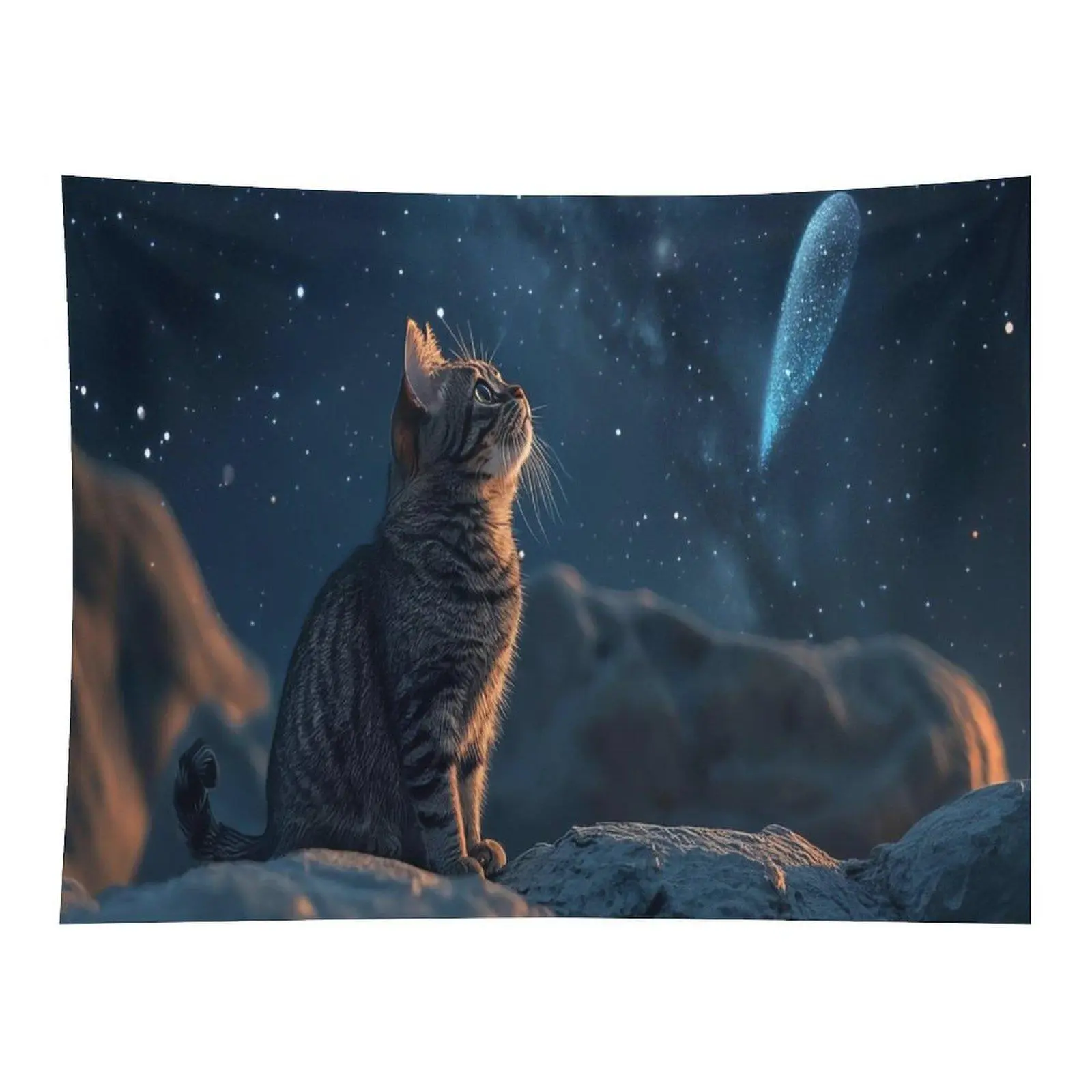 Tabby Cat Watching Shooting Star Dark Mountain Starry Night Galaxy Wall Tapestry Wall Hanging, Dreamy Cosmic Kitten Space Scenery Decor for Teen Bedroom Dorm Backdrop