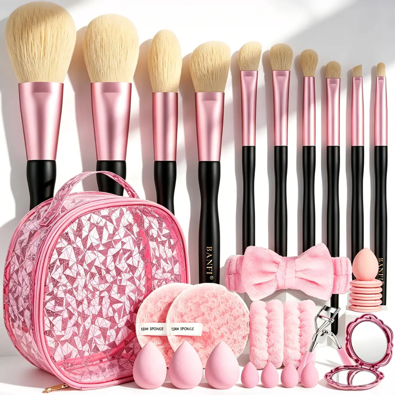 Pink Glitter Diamond All-In-One Makeup Tools Set Cosmetic Brushes Beauty Sponges Round Powder Puffs Plush Hairband Wristbands Eyelash Curler Floral Foldable Mirror Transparent Handheld Washbag for Daily & Travel