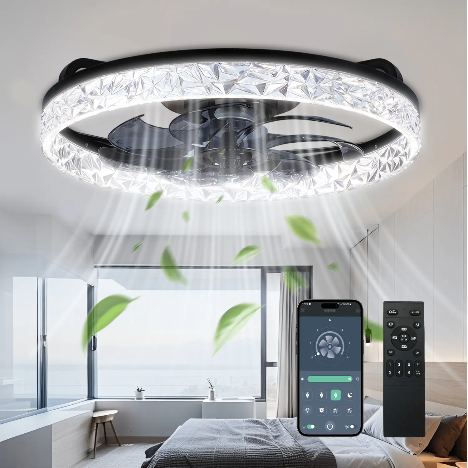 DEMILARE Fandelier Ceiling Fan with Light and Remote, Dimmable LED Ceiling Fan Light, 6-Speed Forward Wind with Reverse Mode, Modern Decorative Flush Mount Ceiling Fan for Bedroom, Living Room, Black or White Finish,SummerWins,SummerFinds,Summer Turn Up