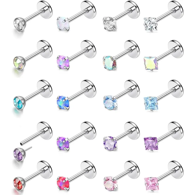 Milacolato Threadless Push-In Nose Studs - 18G/20G 316L Surgical Stainless Steel Hypoallergenic Unisex Body Jewelry, 3mm Rainbow Created-Opal Stone Safe 4-Prongs Design Dainty Nose Ring Piercing Jewelry (20-Count)