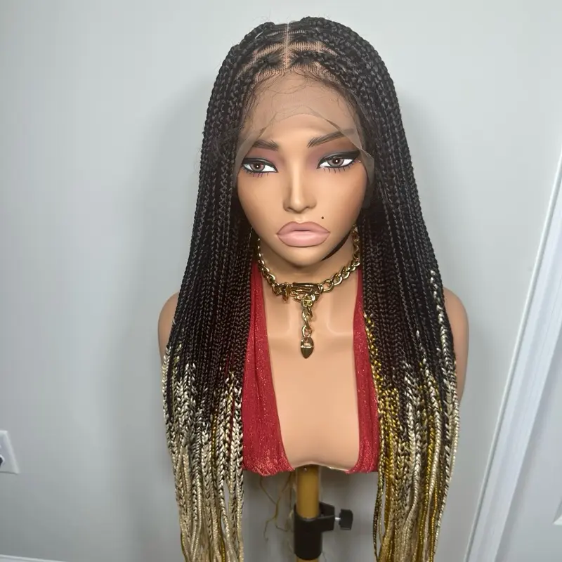 38 in Glueless Knotless Braided Full Lace Synthetic Wig - Straight Hair, Long Length, Brown/Yellow/Cream, Medium Size, Beginner Friendly, Unisex Adult Daily Wear Wig, 38 Inches, Adults, Adjustable Straps, Knotless Braided Wig