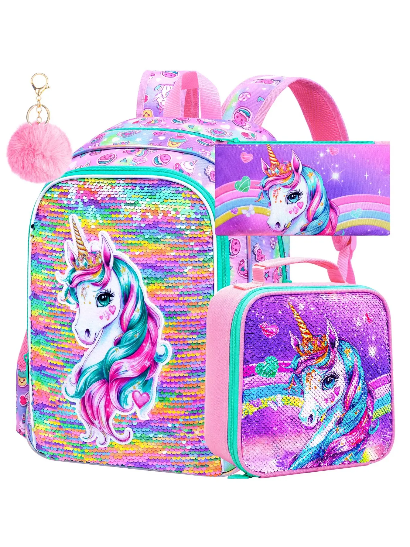 3Pcs Unicorn Trendy Fashion Backpack for Girls, Pattern Backpack Set, 16" Kids Sequins Bookbag with Lunch Box, School Backpacks Set for Elementary Preschool Kindergarten(Pink) Iris Rainbow Bags, for Christmas