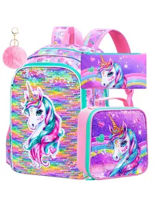 3Pcs Unicorn Trendy Backpack for Girls, 16" Kids Sequins Bookbag with Lunch Box, School Backpacks Set for Elementary Preschool Kindergarten(Pink)