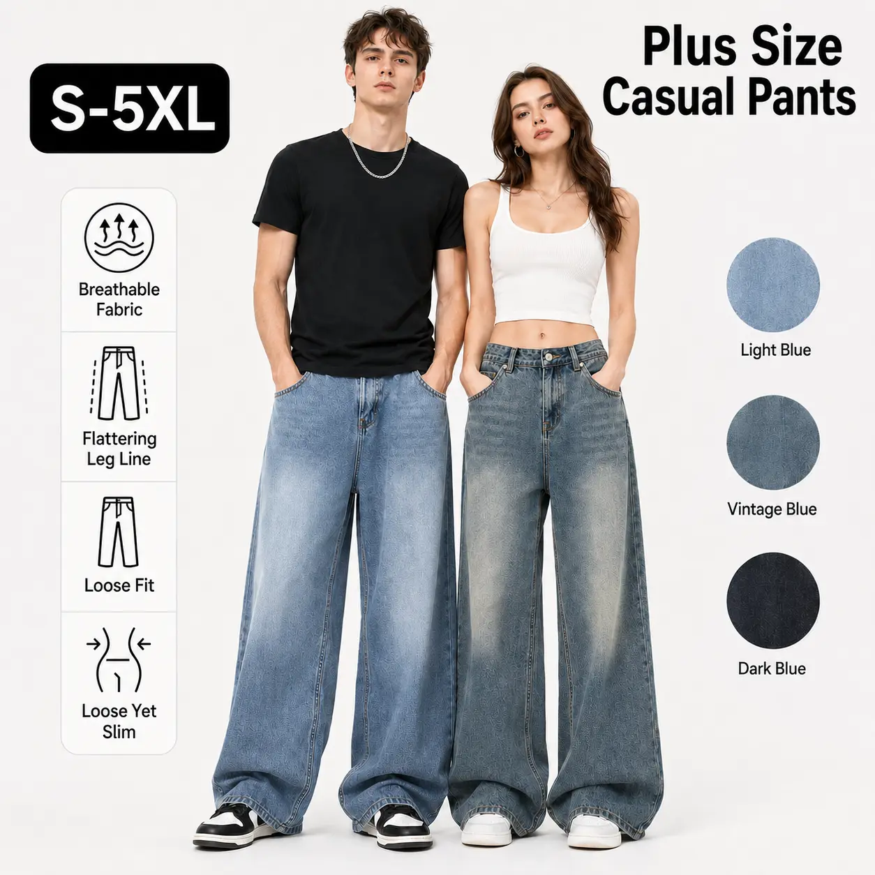 Plus Size Jacquard Wide Leg S-5XL Jeans for Men Women, Vintage High Waist Loose Baggy Denim Pants, Breathable Casual Flare Trousers, 3 Wash Colors Streetwear Daily Bottoms