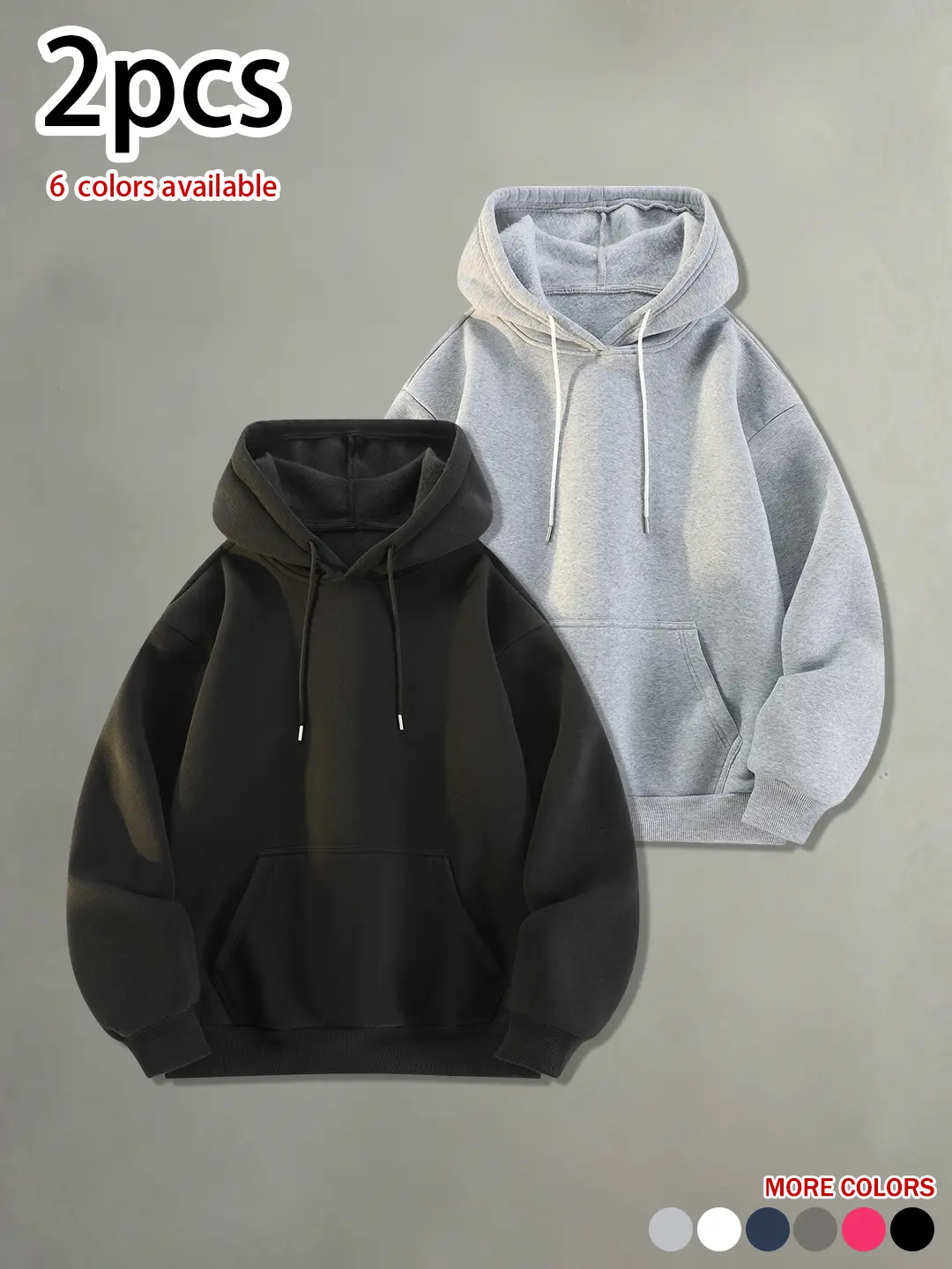 Available in packs of 2 or 1. Men’s minimalist casual hooded sweatshirt with a loose fit, solid color, comfortable and skin-friendly basic hoodie. Versatile for everyday wear—casual athletic men’s pullover hoodie suitable for spring and autumn.