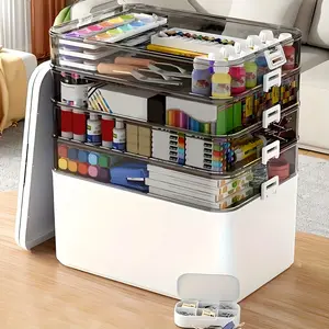 Clear Multi-Layer Storage Box with Handle Portable Plastic Organizer Case 3/4/5 Tier Divided Container for Home Office School Daily Supplies