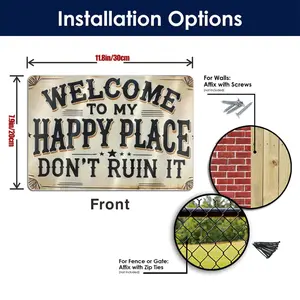 Vintage Metal Tin Sign "Welcome to My Happy Place Don't Ruin It" - 8x12 in Matte Finish, Full Color Print, Rust Resistant, Easy Install Vintage Garage Sign for Home Decor Decoration, Vintage Garage Signs Rectangle Design