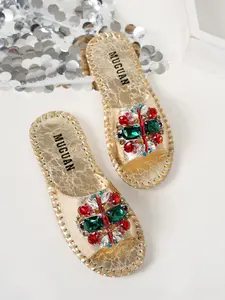 Summer Bestseller European Style Colorful Gemstone Rhinestone Sandals, Fashion Flat Beach Shoes for Women, Large Size Summer Footwear