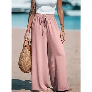 Womens Wide Leg Pants High Waisted Trousers Linen Palazzo Loose Fit Lounge Beach Flowy Pants