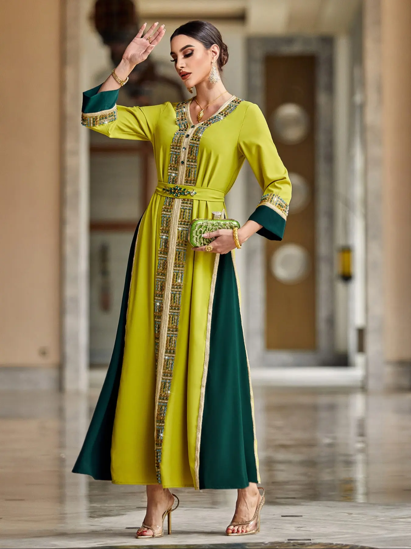 Elegant Evening Gown with Multicolor Rhinestones & Ribbon Trim V-Neck Long Sleeves Dress, Perfect for Formal Occasions