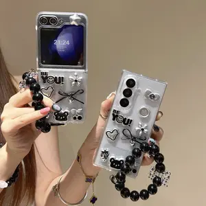 Luxury Heart Bear Strawberry Sakura Flower Flip Phone Case, Compatible with Samsung Zflip3/4/5/6/7, Full Cover Protective Cover