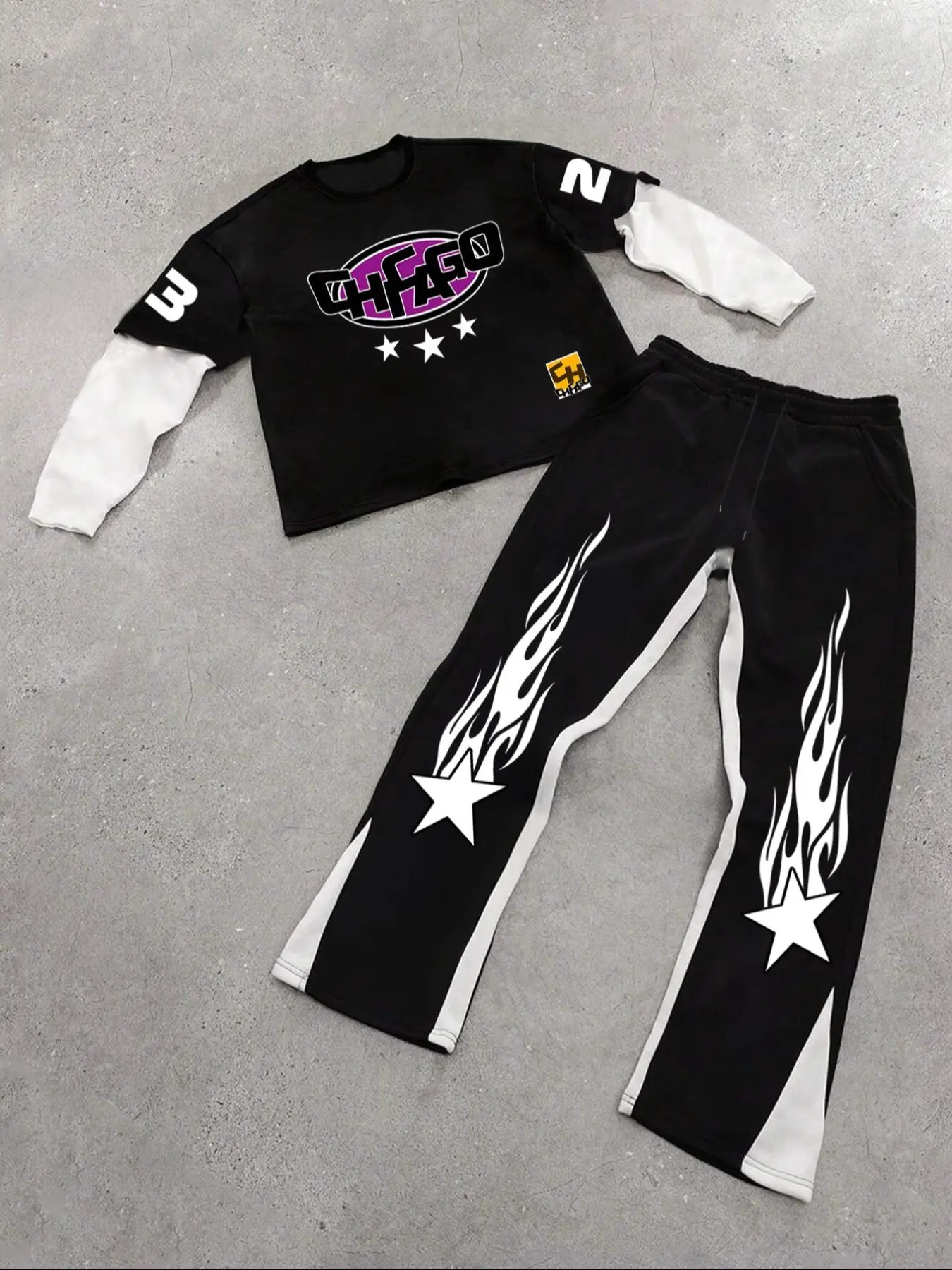 Men's Colorblock Street Style Star Graphic Print 2 in 1 Double Layer Long Sleeve Top & Drawstring Waist Sweatpants Two-piece Set, Regular Fit Casual Crew Neck Pullover & Pocket Trousers for Spring & Fall