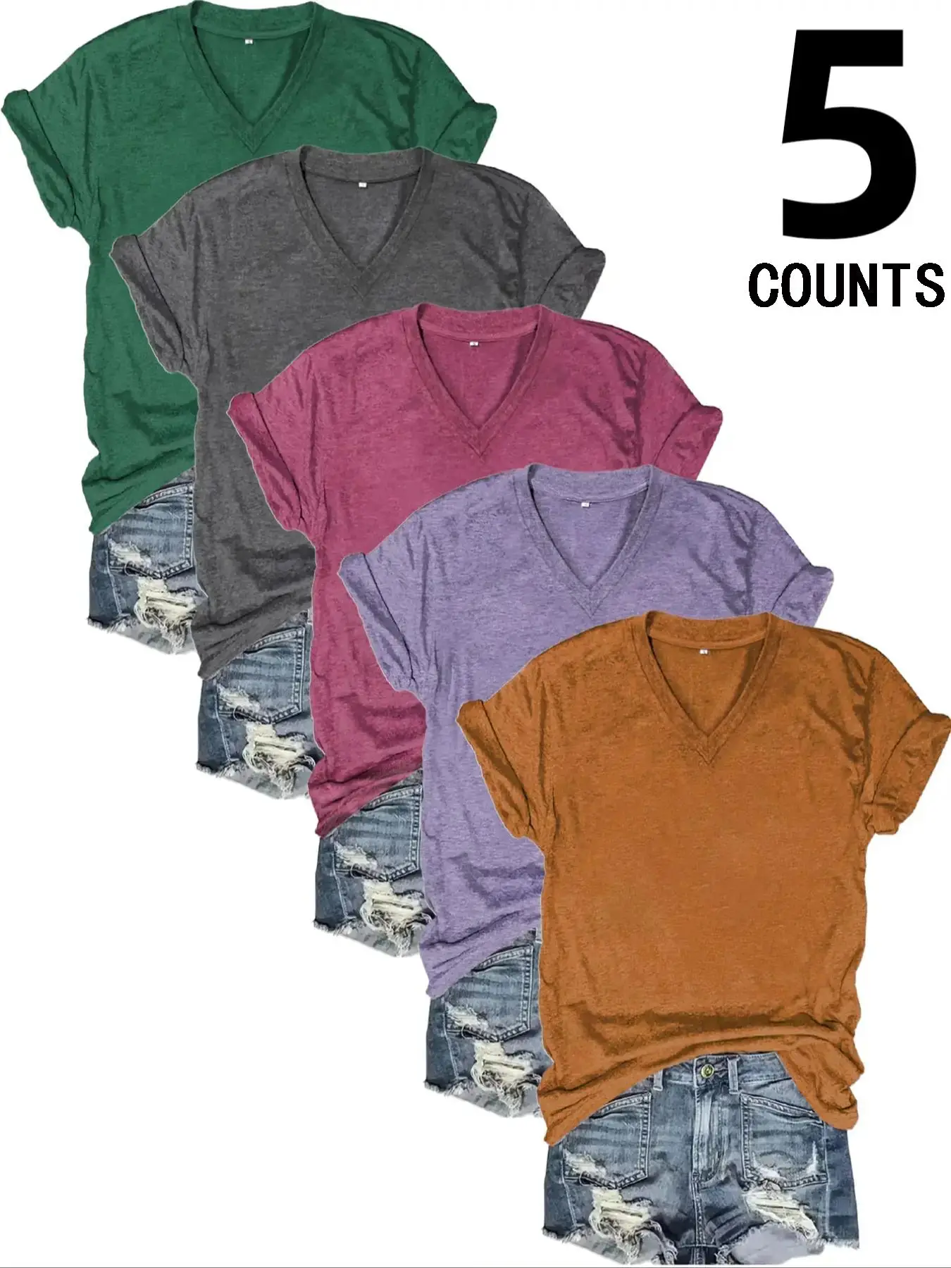 Women's Solid Short Sleeve Vneck Tee, Summer Clothes, Casual Basic Minimalist Shortsleeve Fitted Tshirt for Summer, Fashion Women's Summer Tops for Da