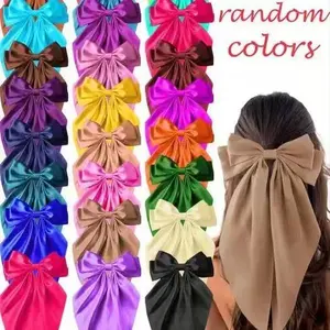 12PC Oversized Satin Hair Bows with Long Tail Ribbon French Barrettes for Women Girls Elegant Hair Accessories Bowknot Clips