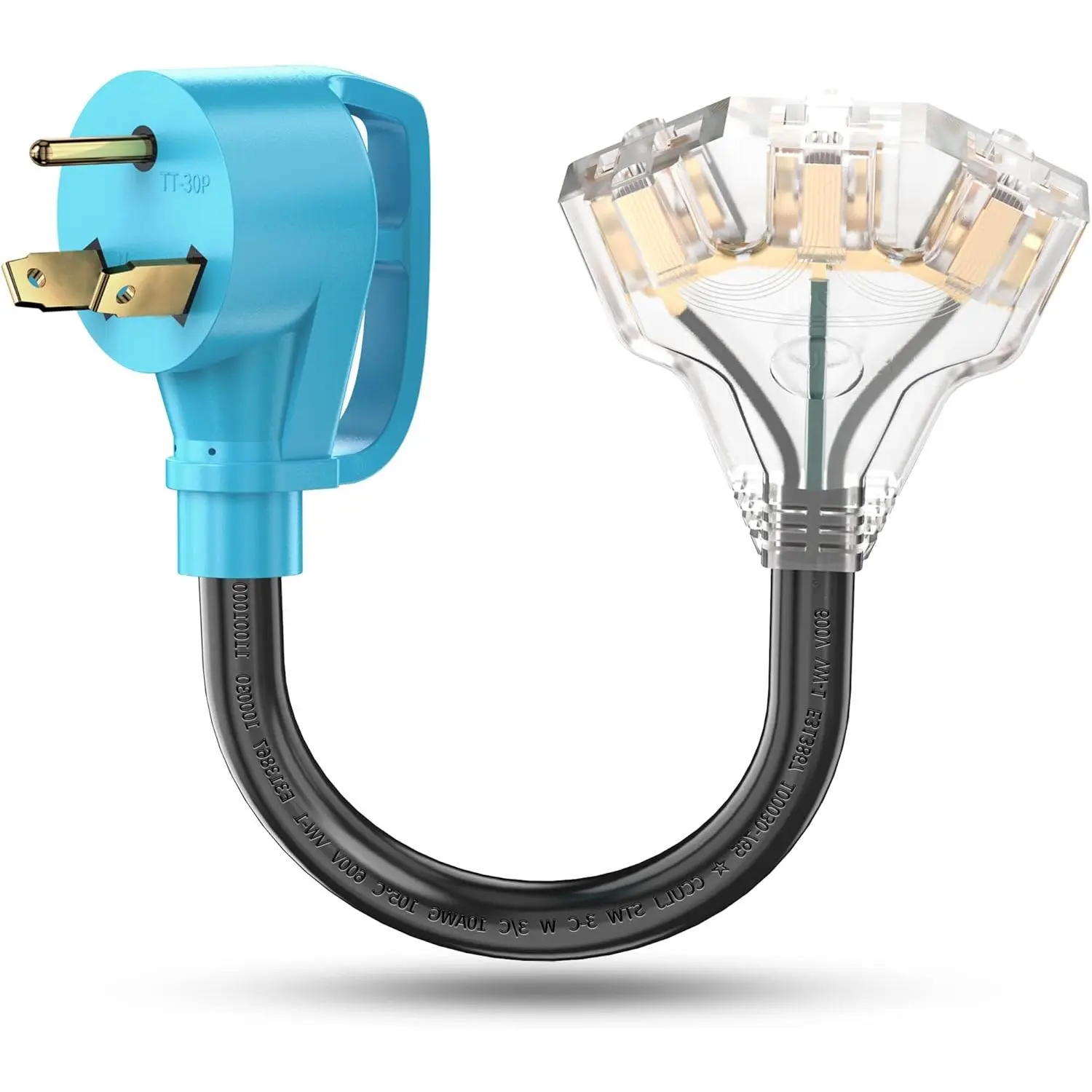 30 Amp to 110V RV/Generator Distribution Adapter Cord, NEMA TT-30P Male to 3X 5-15R/5-20R T- Household Outlet Female with LED Power  3750W