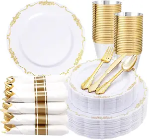 175-Piece Gold Plastic Plates & Napkins Party Set - 25 Dinner Plates, 25 Dessert Plates, 25 Rolled Napkins, 25 9oz Cups, Lace Design, BPA-Free, Disposable for All Occasions