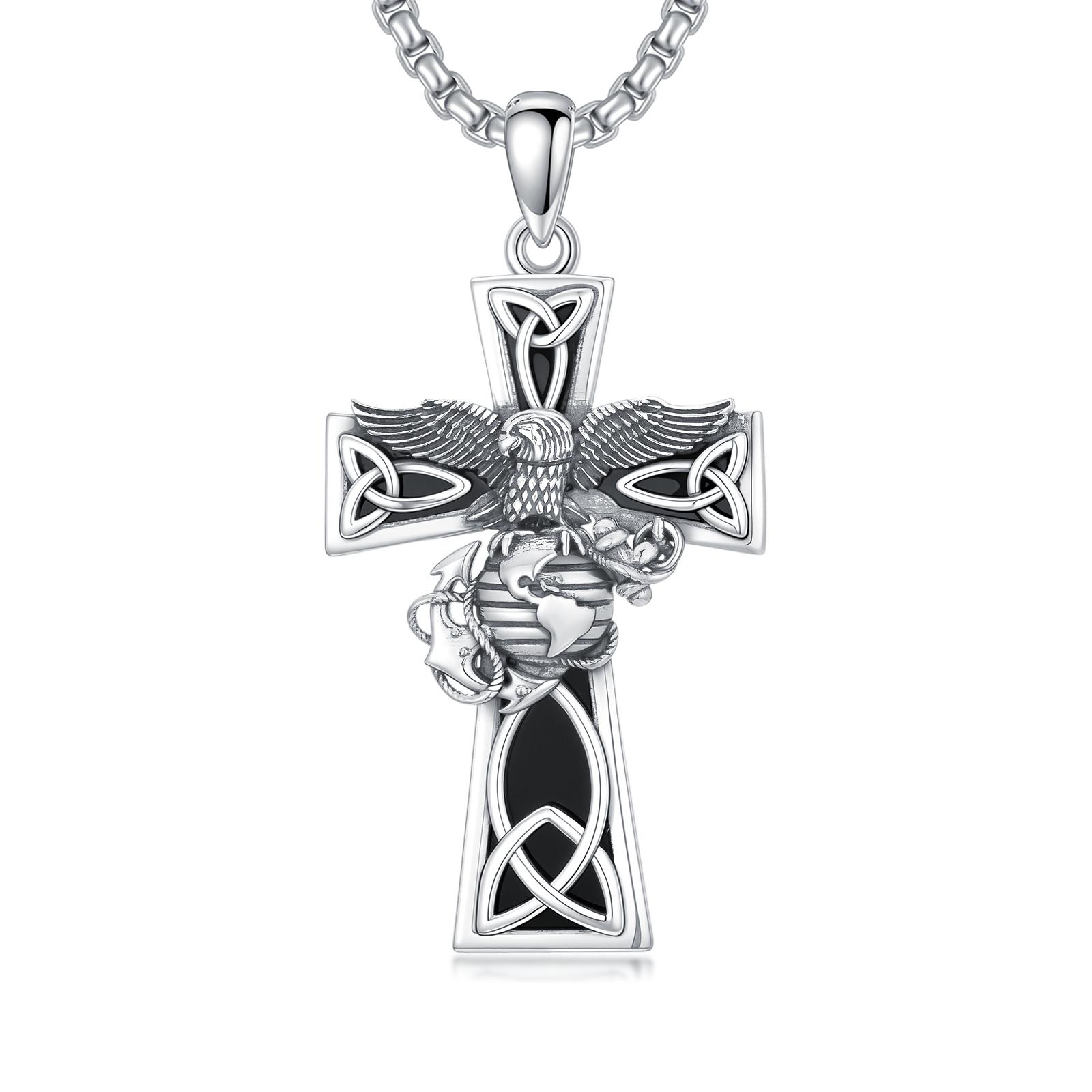 MEIDERBO Signet Style Black Onyx Necklace for Men 925 Sterling Silver Oxidized Finish Marine Corps Stainless Steel Bead Chain 22+2 Inch Men's Jewelry Gift