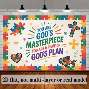 1PC Flat 2D Polyester Autism Awareness Backdrop Banner - "You Are God's Masterpiece" Puzzle-Themed Reusable Cloth, Party Decoration Supplies for Birthday Wall Decor