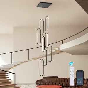 Garwarm Modern Led High Ceiling Chandelier with Remote, Dimmable Foyer Chandelier for High Ceilings, Black Large Chandelier Staircase Pendant Light Fixture for Entryway(8 Lights,3000-6500K Lamp Home