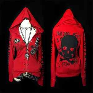 Gothic Asymmetrical Zip Front Hoodie with Raglan Sleeves and Ribbed Trim Womenswear Sweatshirts