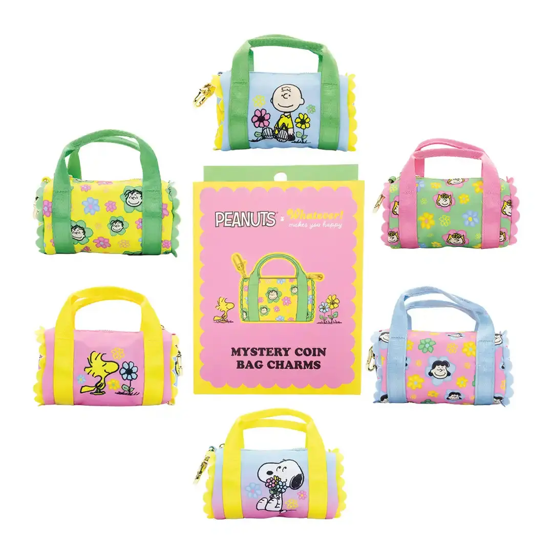 Mini Duffle Bag Charm, Collectible Nylon Keychain with Assorted Character Print, Mystery Blind Box with Functional Zippered Storage, Collectibles, Assorted Peanuts Character Designs, Clip-On Bag Charm Hardware