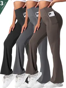 Women's Solid High Waist Flare Leg Sports Pants, Casual Comfy Breathable Pocket Design Bell Bottom Sports  Trousers for Yoga Gym Workout Running, Ladies Sportswear for All Seasons
