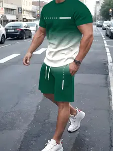 Men's Gradient Color Sport Set, Short Sleeve T-Shirt with Casual Shorts, Summer Breathable Fitness, Slim-Fitting, H-Type Silhouette, Breathable Sports Suit