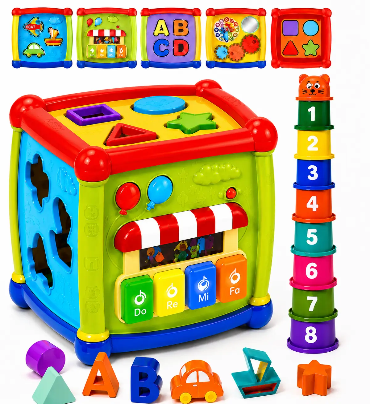 Shape Sorting Cube with Music & Lights - 6 in 1 Sensory Busy Cube Stacking Cups Activity Toy for Toddlers 18+ Months, Educational Learning Toys for Boys & Girls