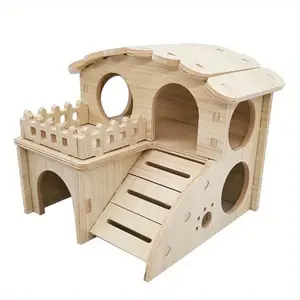 Wooden Hamster House Hideout Double Layer Hideaway Playing Exercise Toy Wooden Hamster Cage